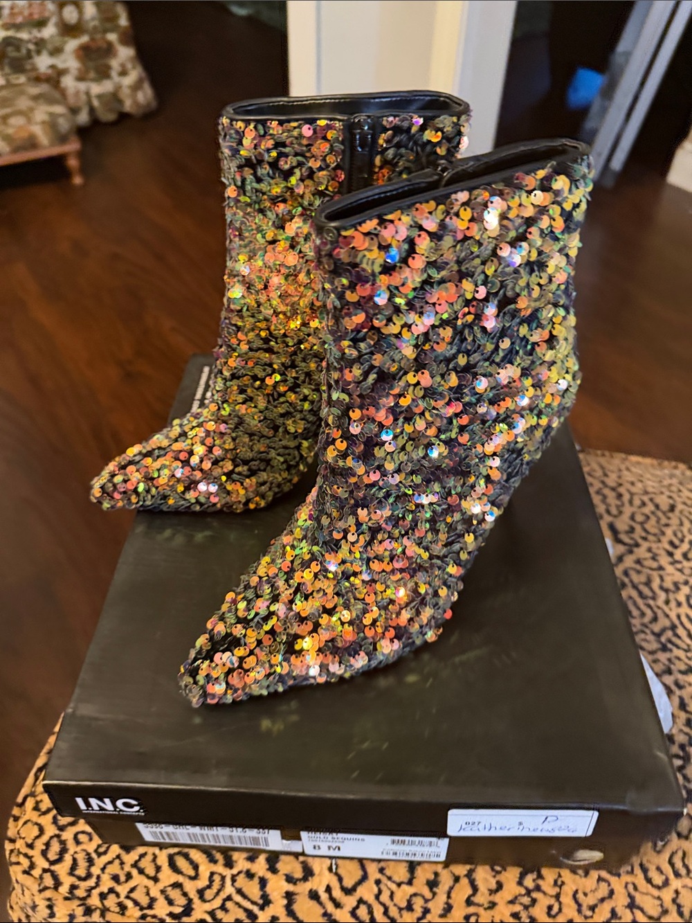 INC International Concepts Black Multicolor Sequin Pointed Ankle Boots